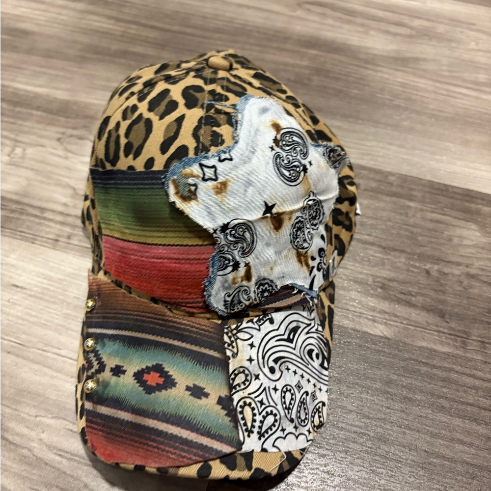 Boutique Leopard Patchwork Cap with Multicolor Patterns - new with tags
